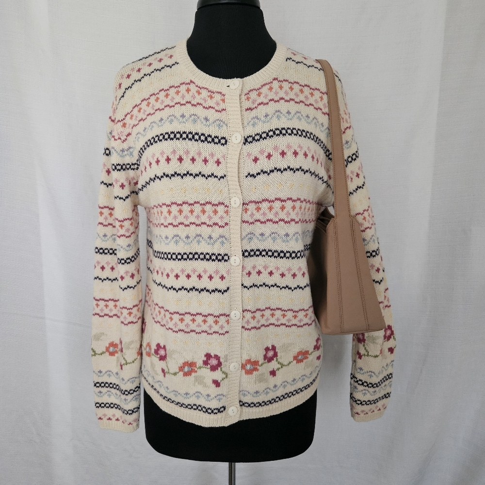 Vintage Women Cardigan Sweater Cotton Fair Isle Cream Knit Cottagecore Grama